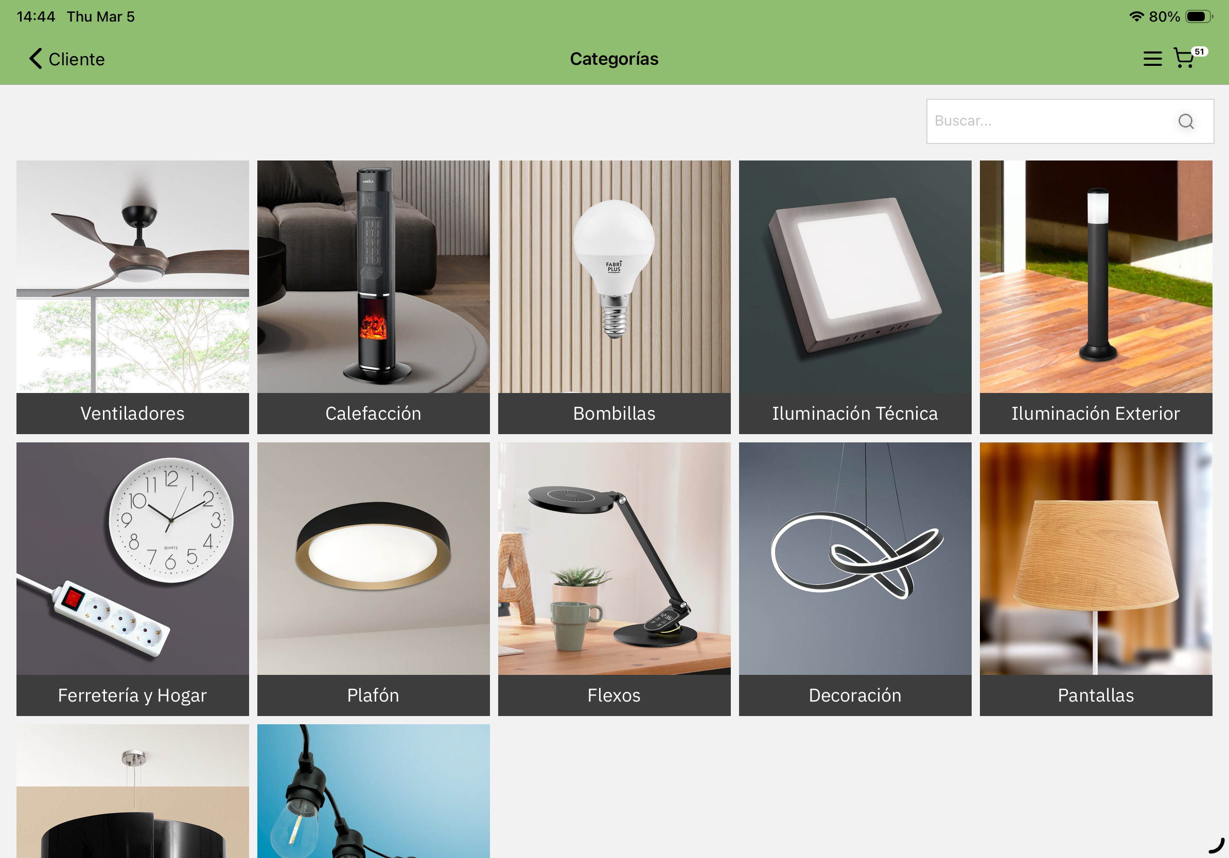 Product categories grid with lighting fixture images on iPad