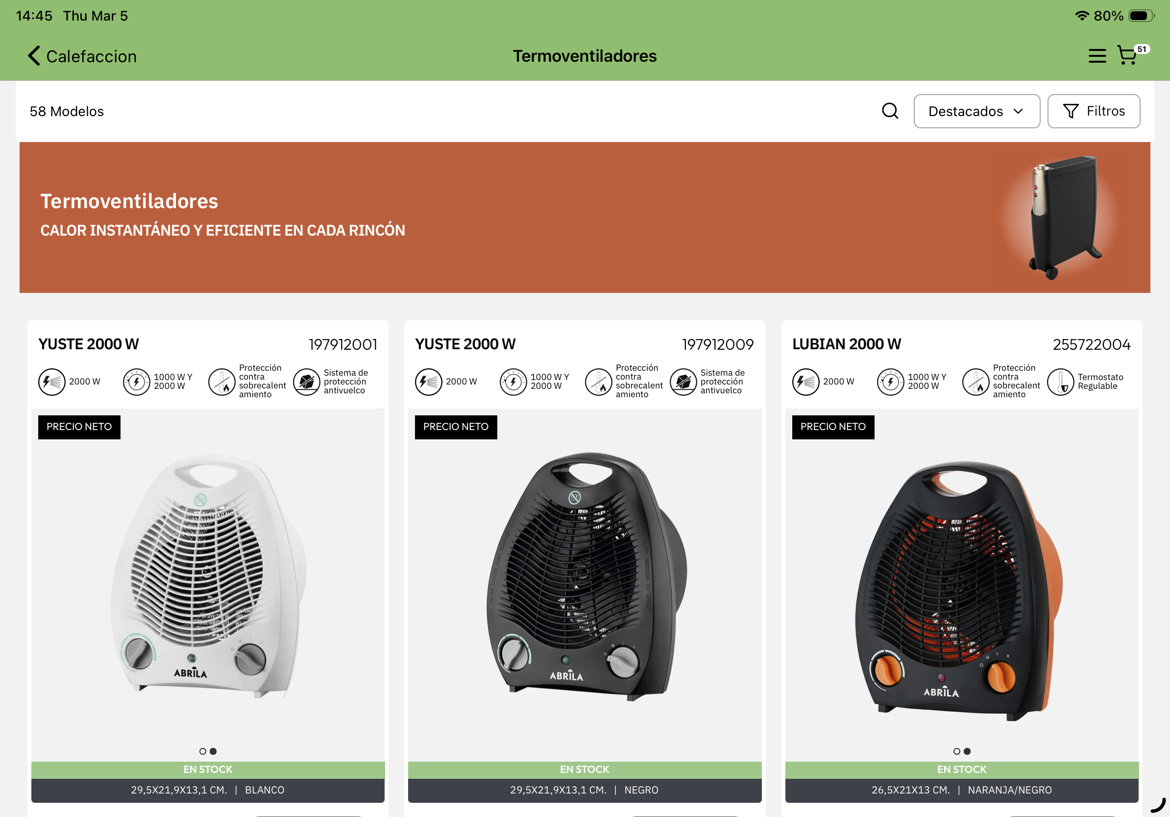 Product listing page showing heater products with filters and sorting