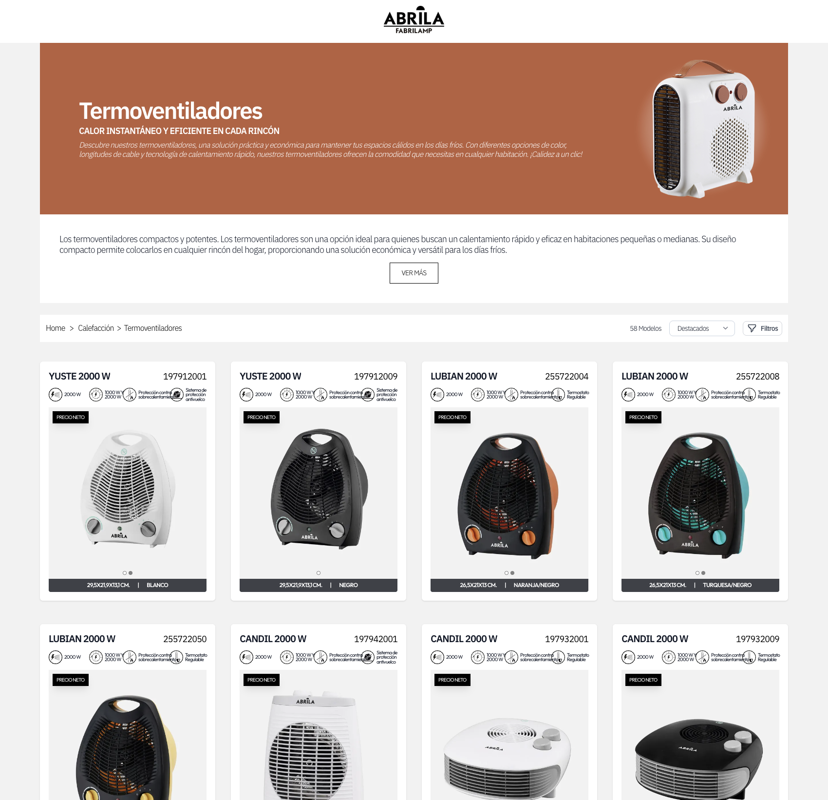 Product catalog page showing heater products with filters and sorting