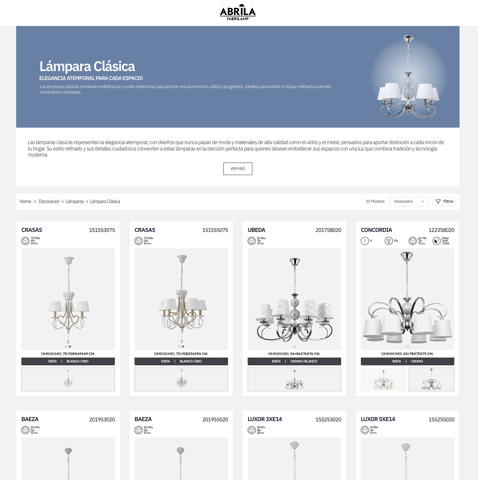 Product listing page showing classic lamp collection with chandelier products