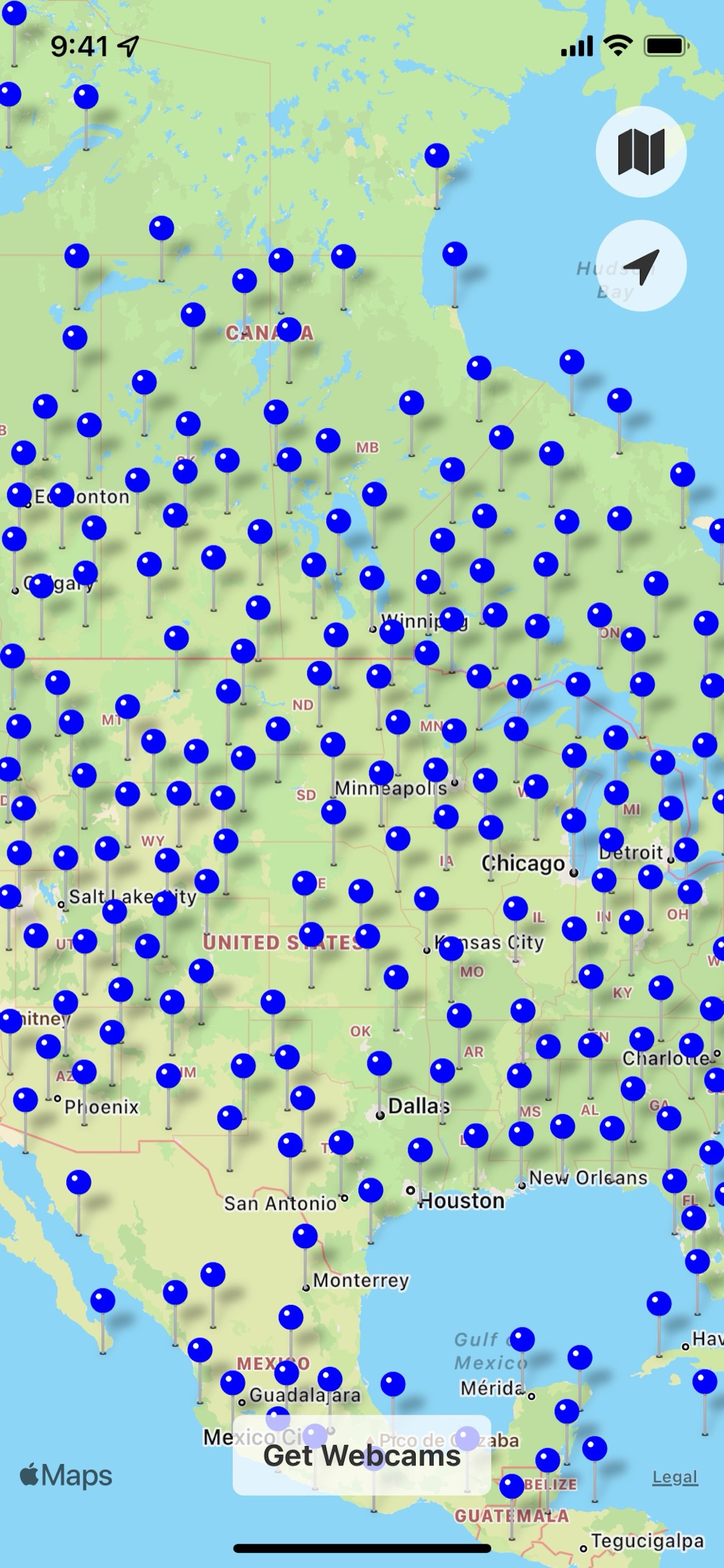 Full-screen webcam stream with overlay controls