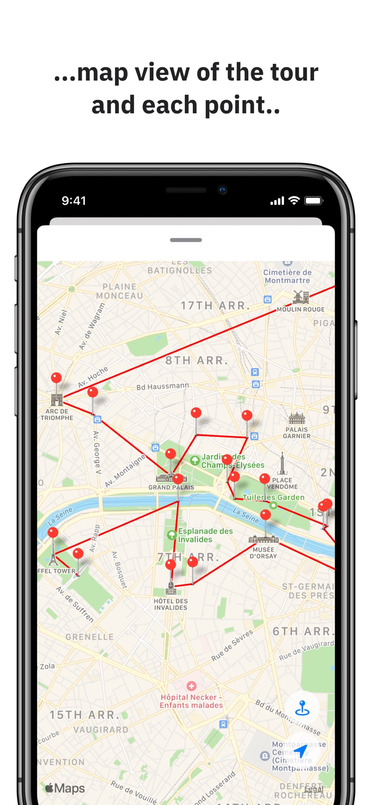Active tour view with map and current point of interest